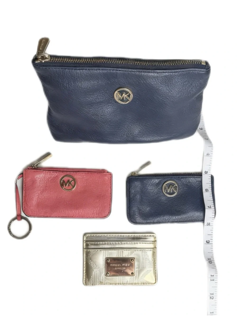 Michael Kors Wallet & Pouch Bundle – 4 Pieces Navy/Coral/Gold Leather